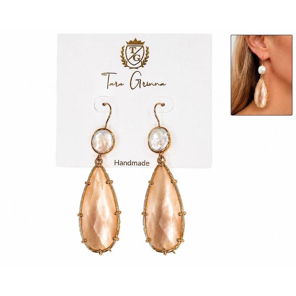 $48 Tara Grinna Drop Dangle Earrings Gold Faux Pearl Peach Teardrop Handmade